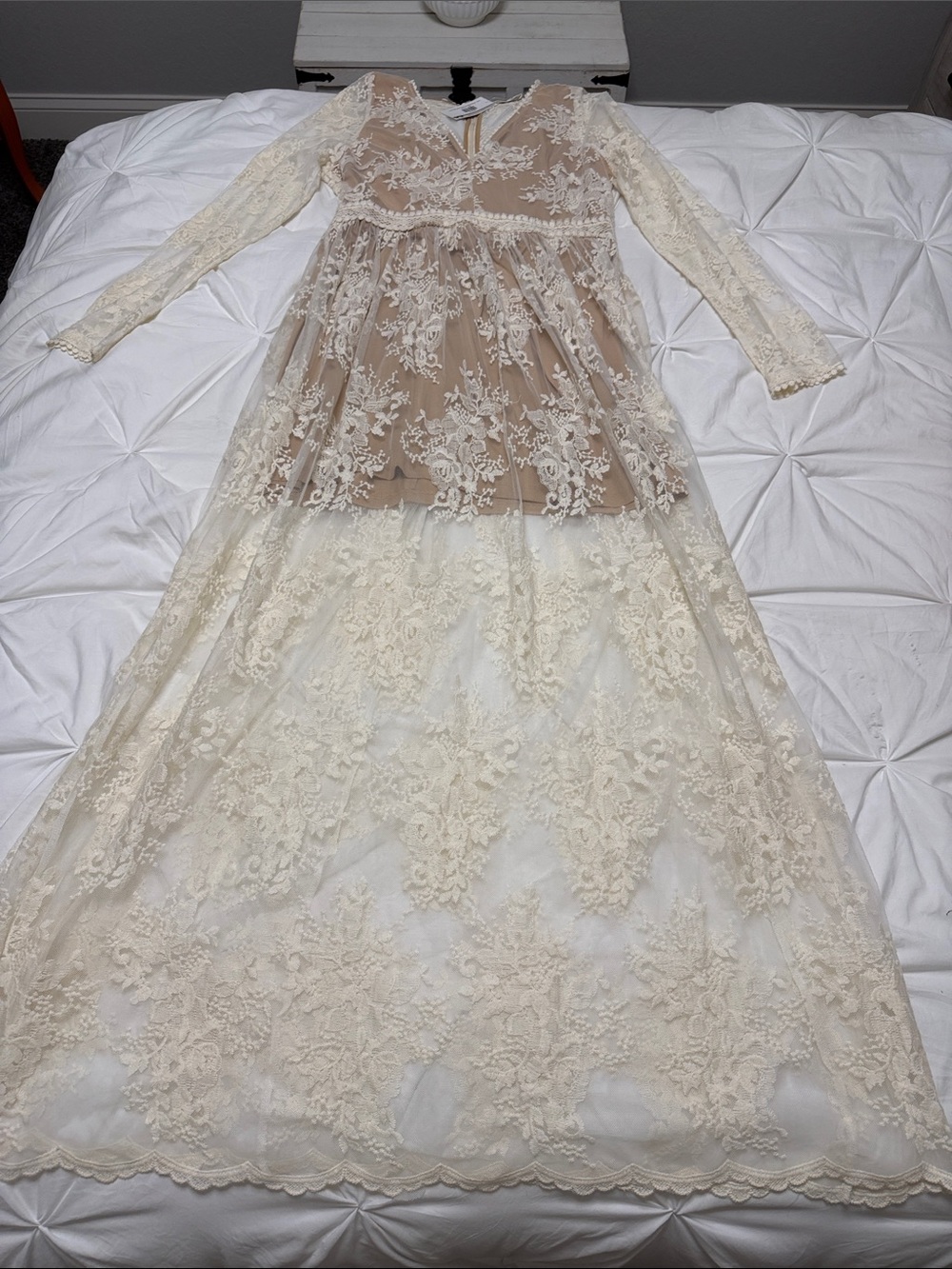 Long Sleeve Lace Maxi Dress in Ivory and Nude